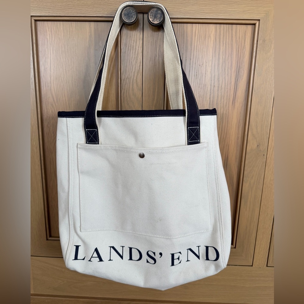 Lands' End Canvas Pocket Cream/Navy Canvas Tote